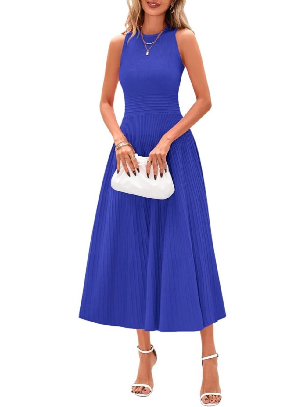 Women's Dress Midi Brilliant Blue Crew Neck Short Sleeveles A Line Casual Summer